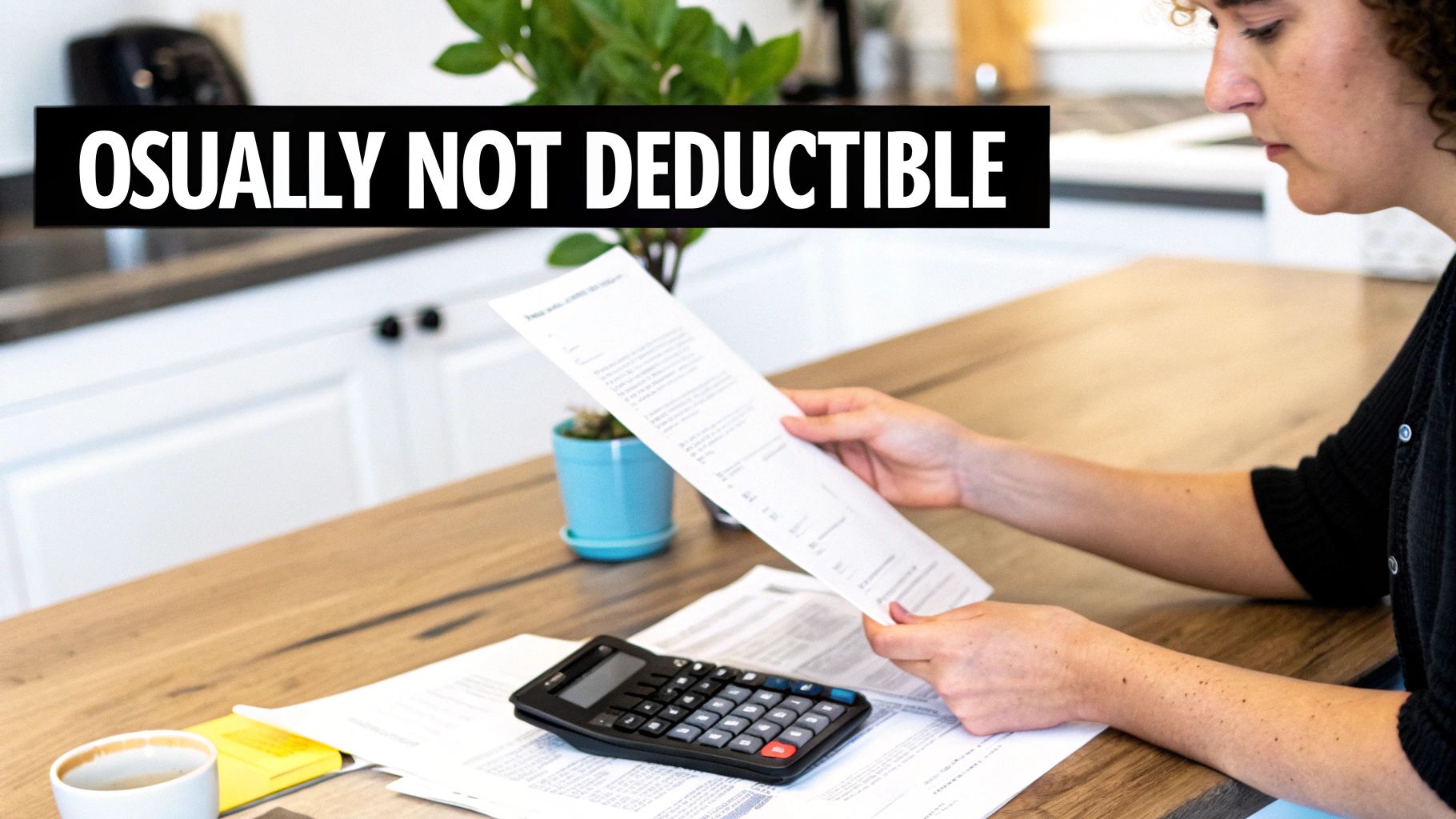 A person reviews financial documents with a calculator. A banner states: USUALLY NOT DEDUCTIBLE.