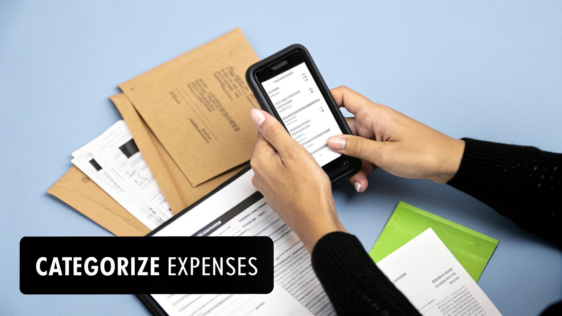 Hands holding a smartphone to digitize and organize expense documents for tax preparation.