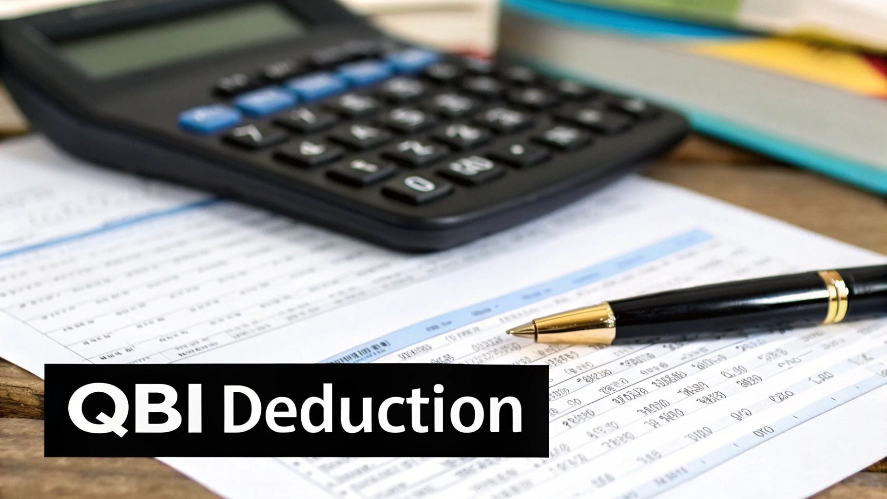 A calculator, pen, and financial papers with 'QBI Deduction' text, representing tax or business accounting.