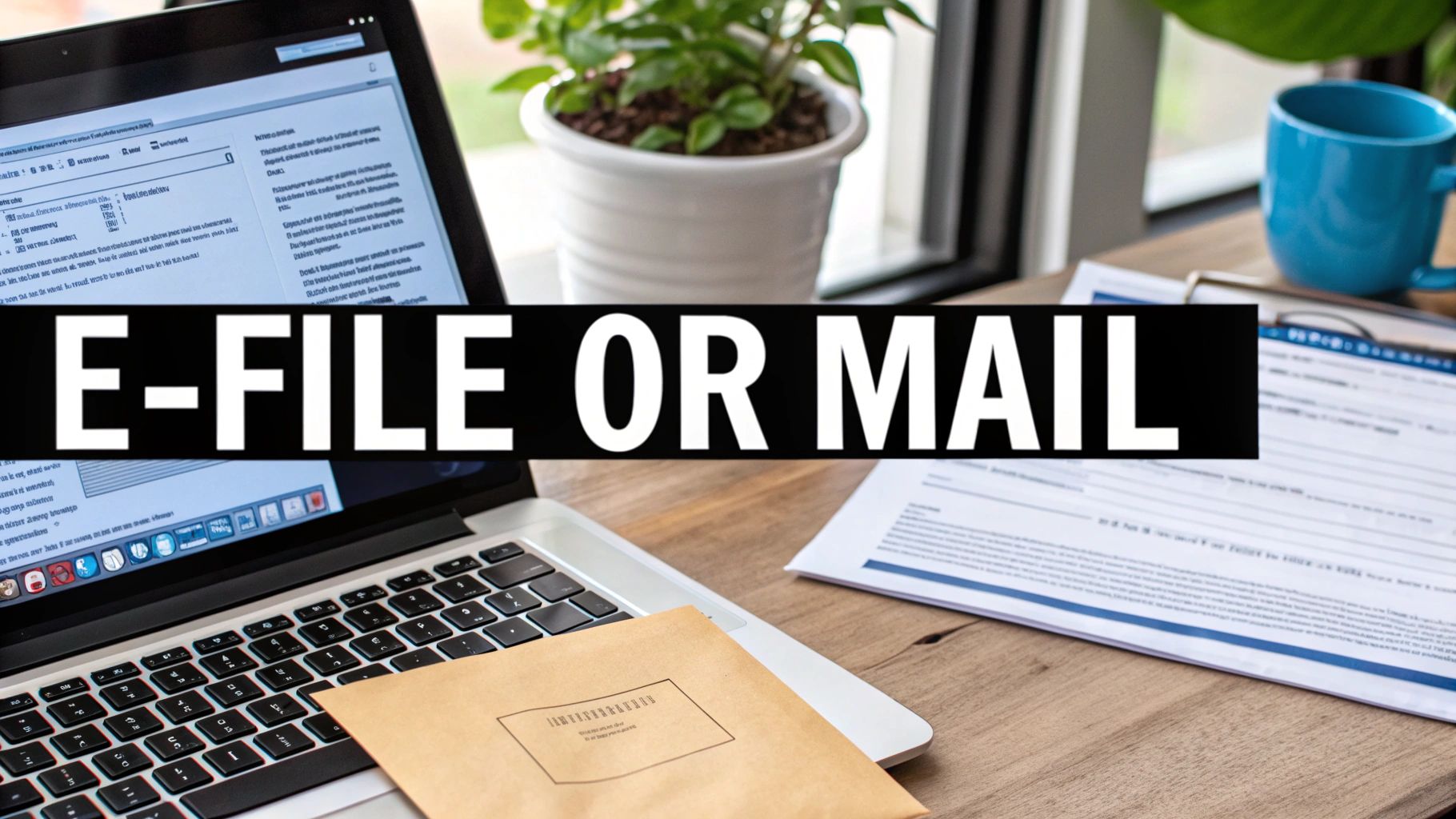 A desk setup with a laptop, paper documents, and an envelope, featuring the text 'E-FILE OR MAIL'.