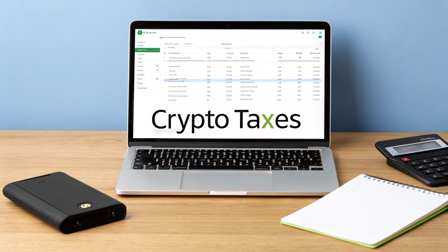 Laptop displaying 'Crypto Taxes' with a calculator, hard drive, and notepad on a wooden desk.