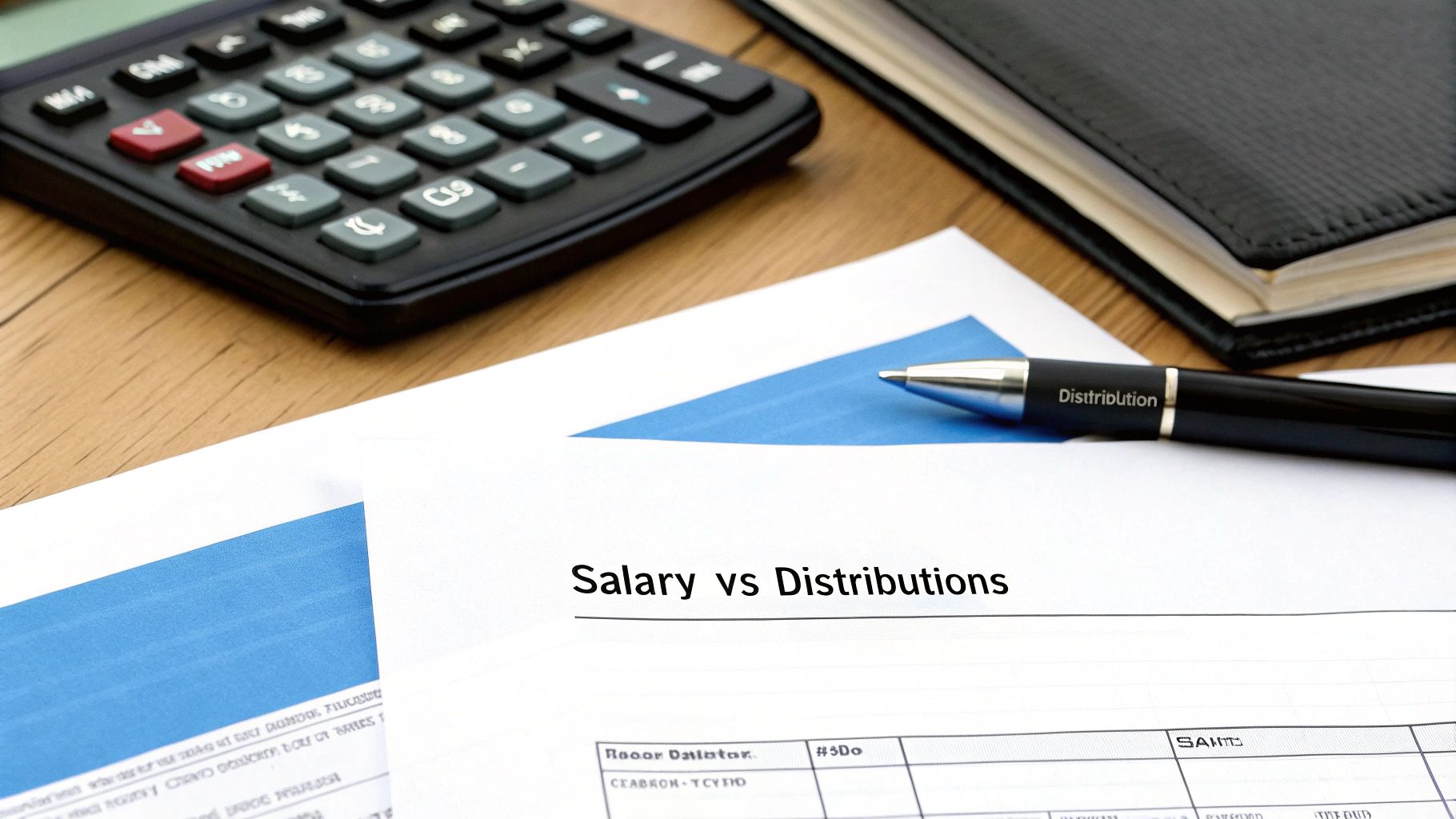 Documents comparing salary and distributions, with a calculator and a pen, on a wooden desk.