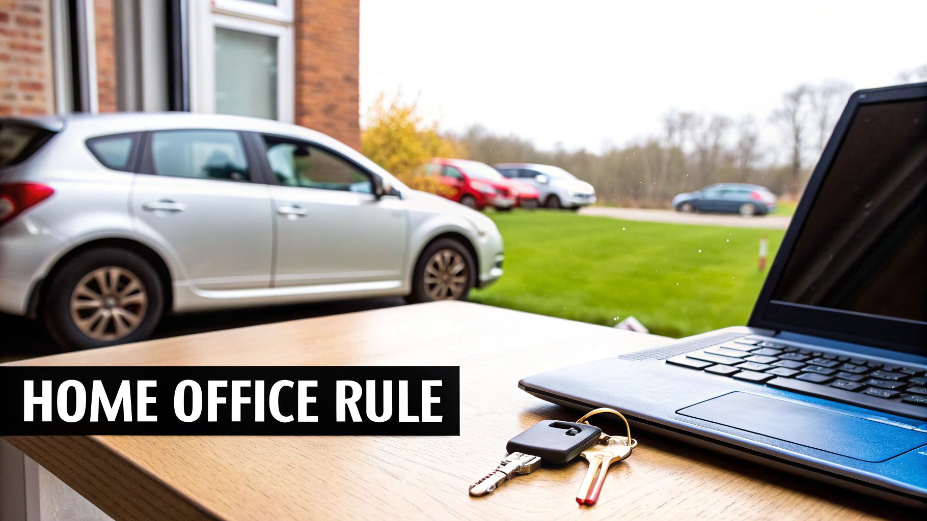 A professional working at a well-organized home office desk, with a car key and a notebook nearby, symbolizing the connection between a home office and deductible mileage.
