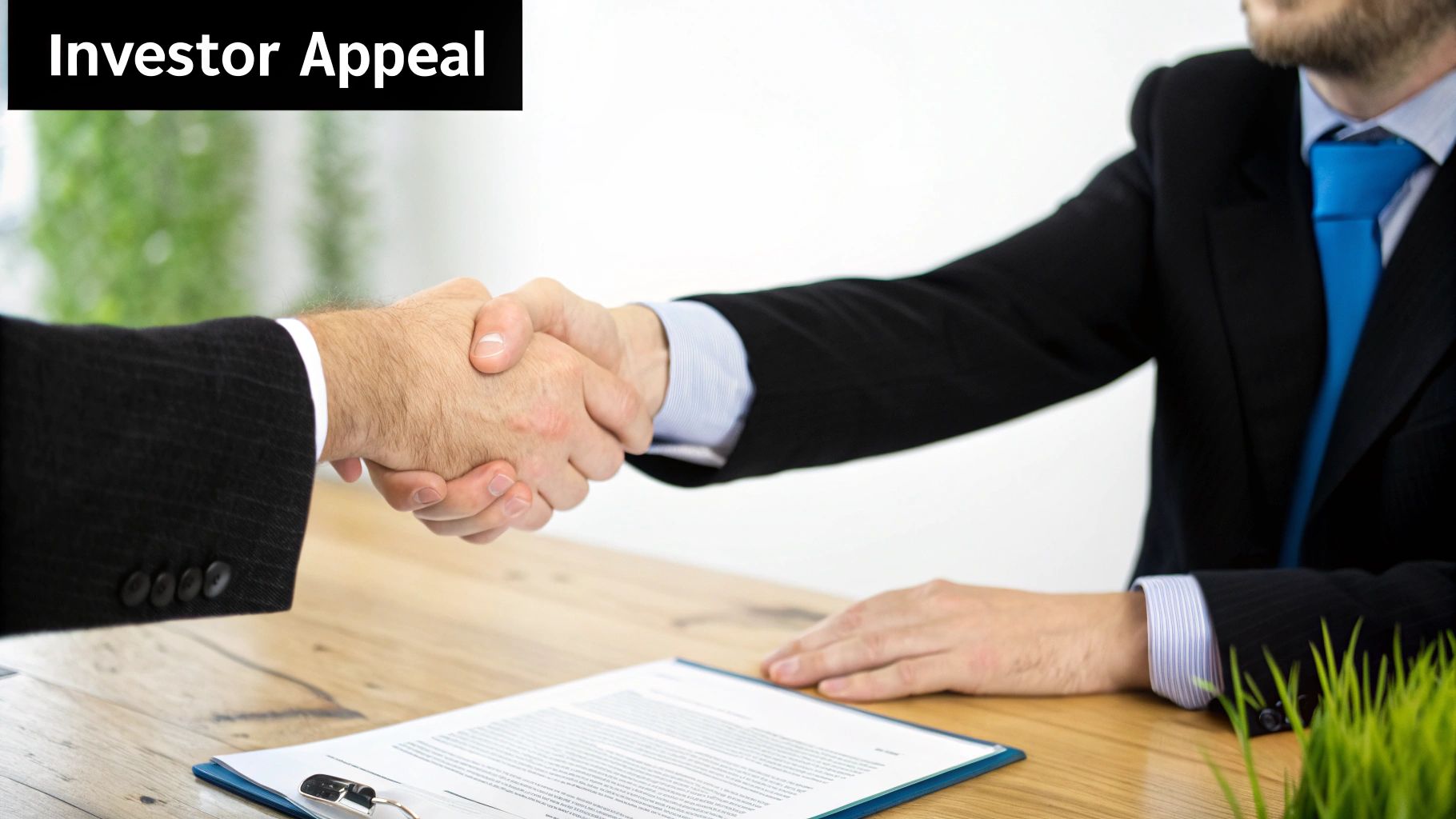 Two businessmen in suits shaking hands over a document, symbolizing a successful business deal.