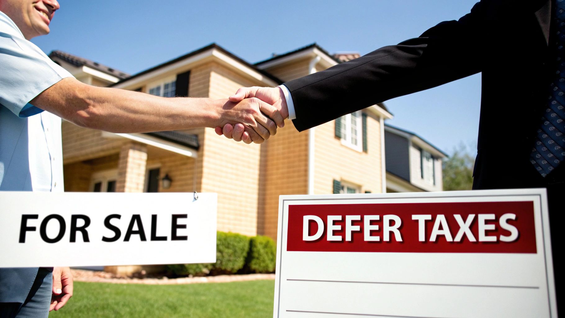 Two men shaking hands in front of houses, with 'FOR SALE' and 'DEFER TAXES' signs.