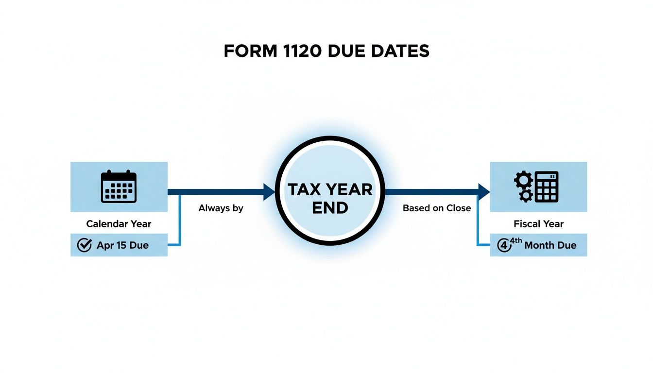 Flowchart illustrating Form 1120 due dates for calendar year (Apr 15) and fiscal year (4th month).