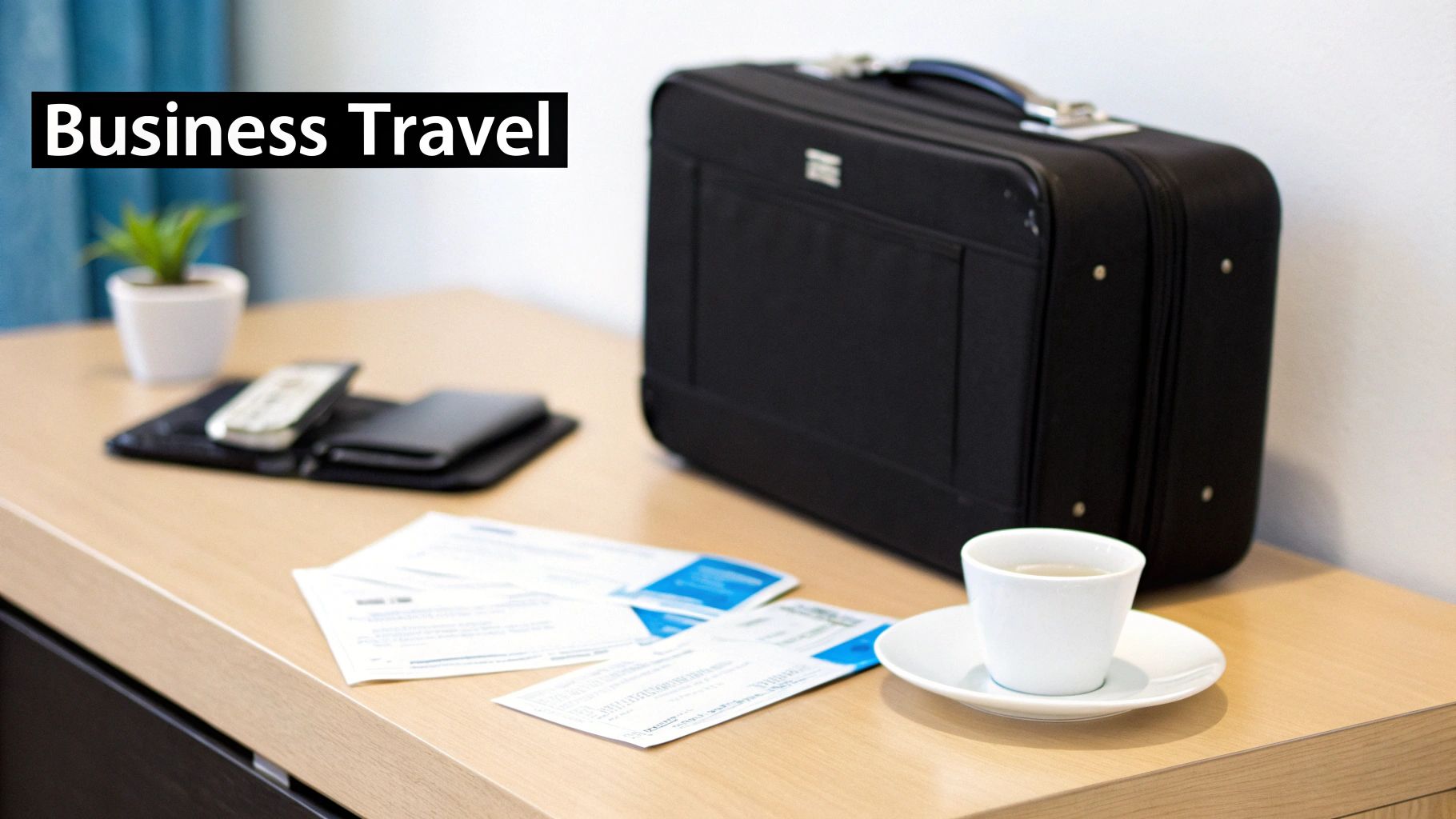 A black business travel suitcase, documents, coffee, and a plant on a light wooden desk, with 'Business Travel' text overlay.