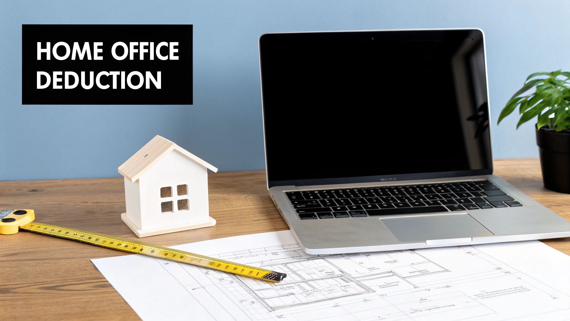 A home office setup with a model house, measuring tape, blueprint, laptop, and text 'HOME OFFICE DEDUCTION'.