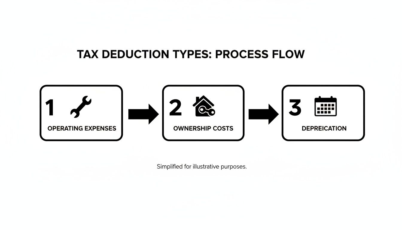 A flow chart illustrating tax deduction types for rental income: operating expenses, ownership, and depreciation.