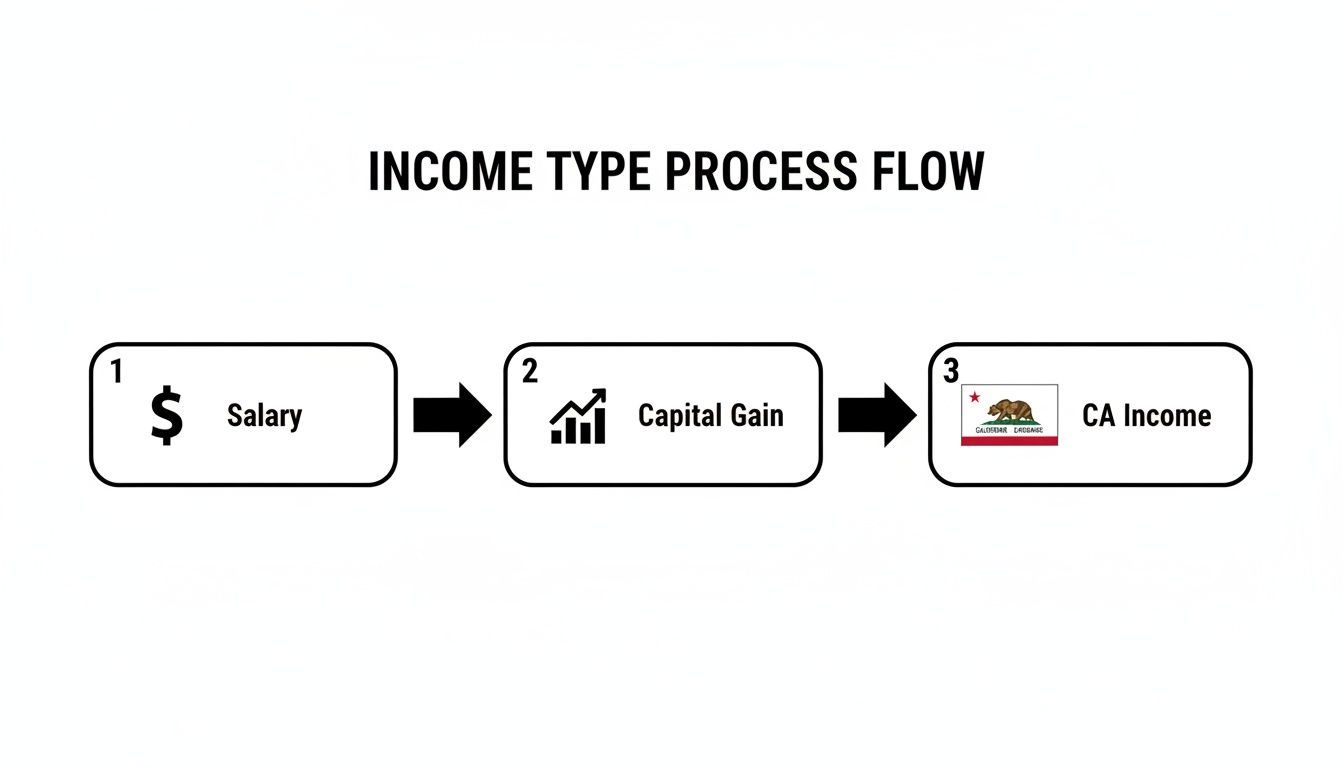 A process flow diagram illustrating different income types: Salary, Capital Gain, and CA Income.