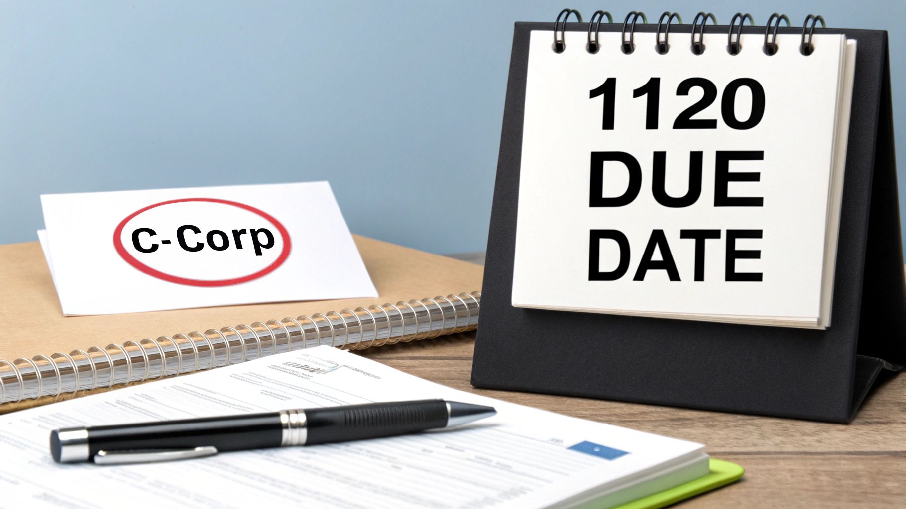 Desk with C-Corp card, 1120 Due Date calendar, pen, and tax forms for corporate tax.