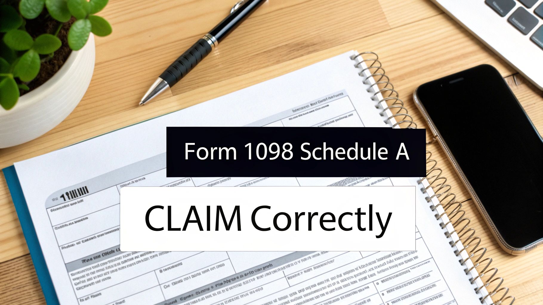 A flat lay shows Form 1098 Schedule A documents on a wooden desk with a pen and phone.