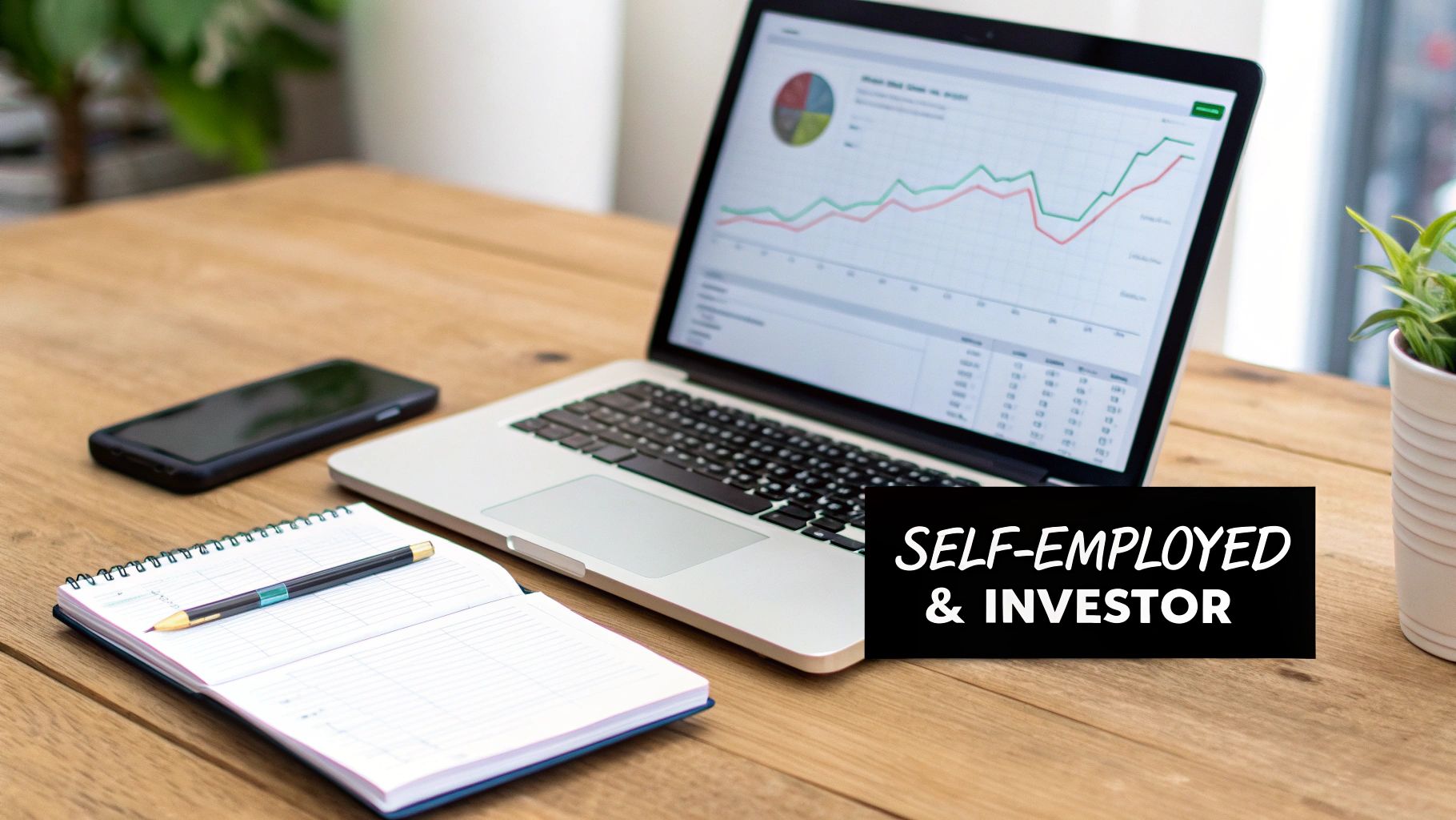 Self-employed investor reviewing financial charts and data on laptop at wooden desk workspace