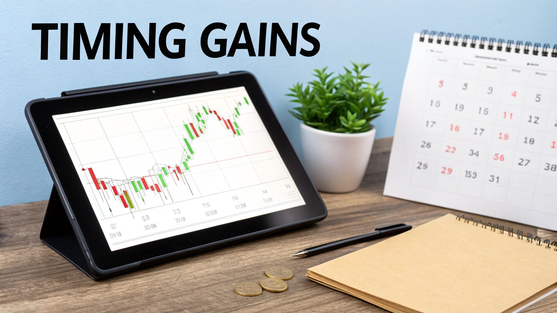 A financial desk with a tablet showing stock market graphs, a calendar, a plant, and scattered coins.