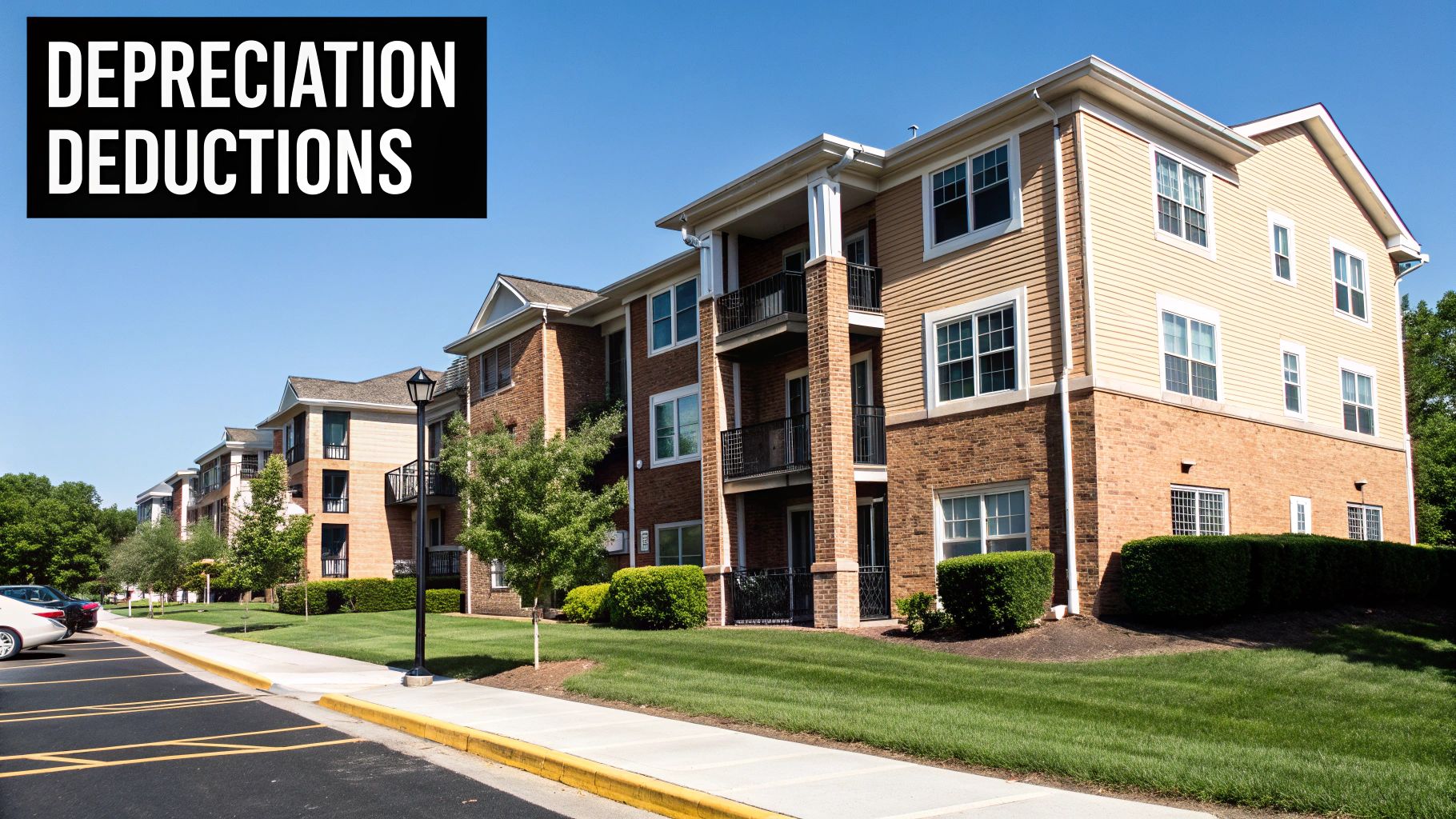 Infographic explaining depreciation: A rental property's value is split into building and land. The building's value is depreciated over 27.5 years, creating an annual tax deduction against rental income.