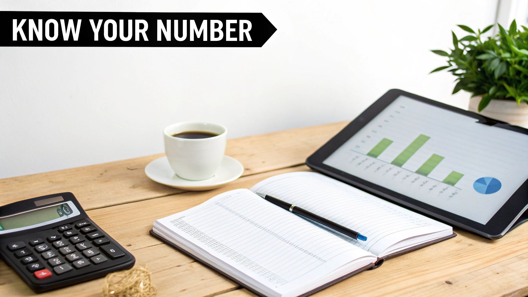 A calculator, open notebook, coffee cup, and tablet displaying financial charts on a wooden desk.