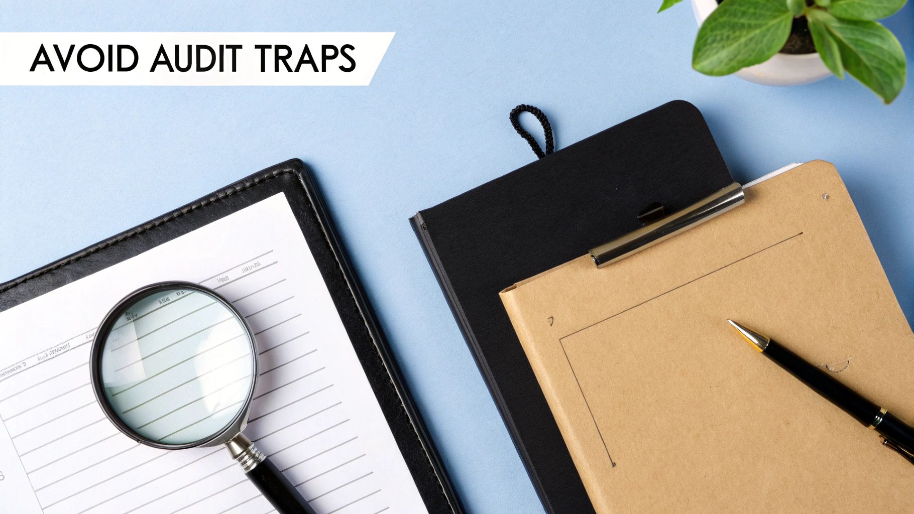 Magnifying glass on financial documents with 'AVOID AUDIT TRAPS' text, alongside office supplies.