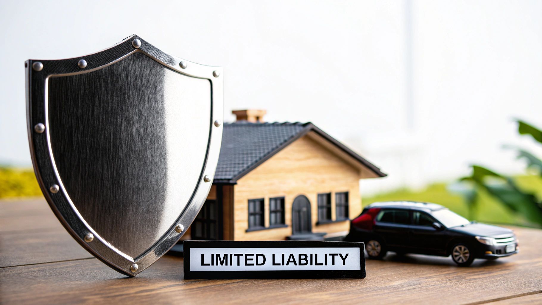 A person holding a transparent umbrella over a small house, symbolizing asset protection.