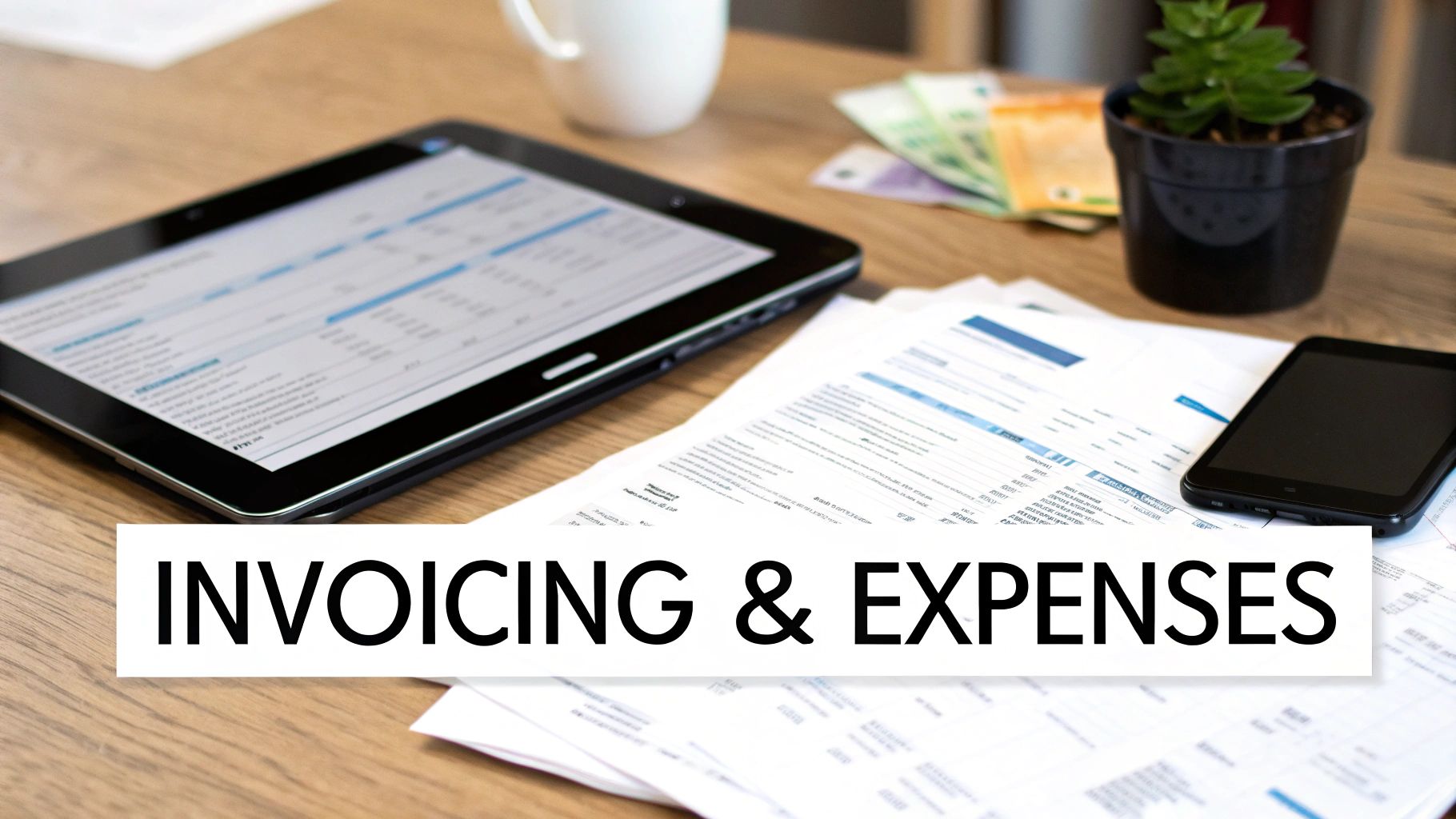 A desk setup with a tablet, papers, smartphone, and cash, overlaid with 'INVOICING & EXPENSES' text.