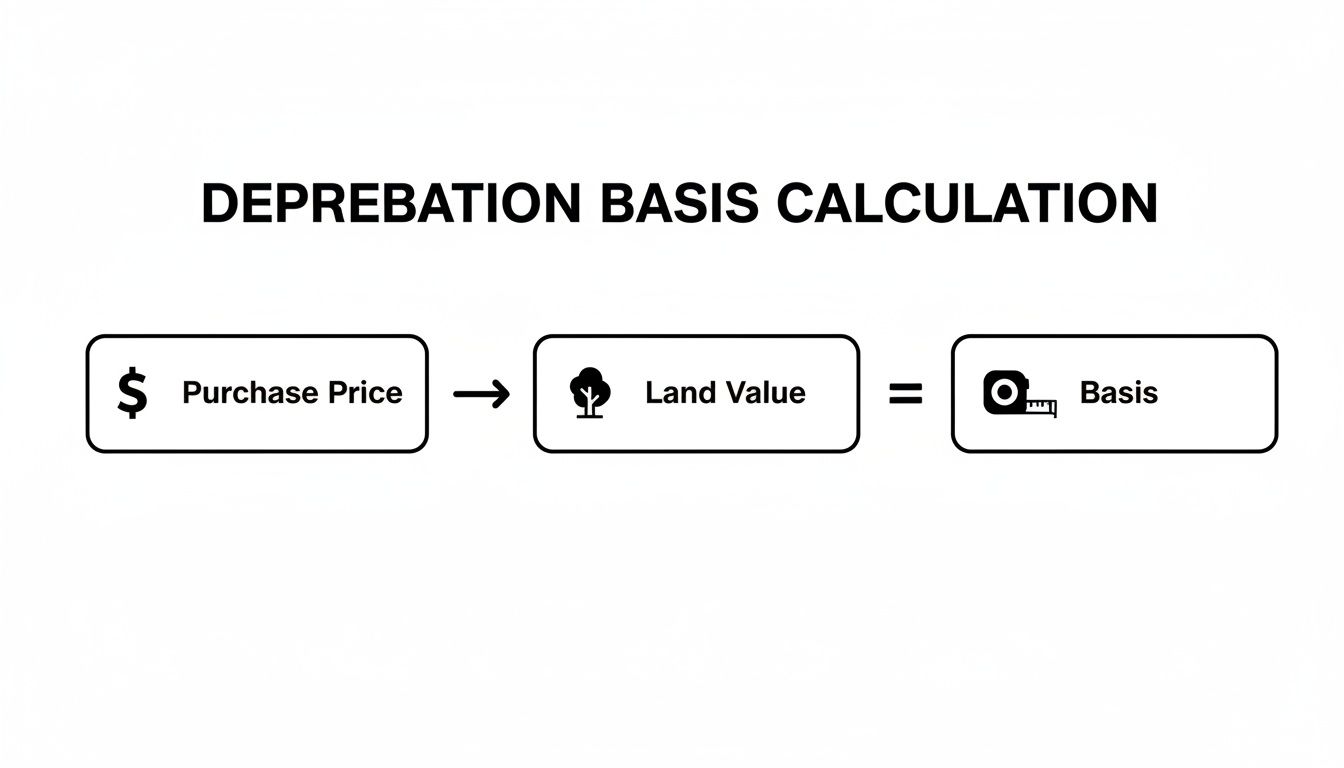 A flowchart outlines the deprebation basis calculation: Purchase Price less Land Value equals Basis.