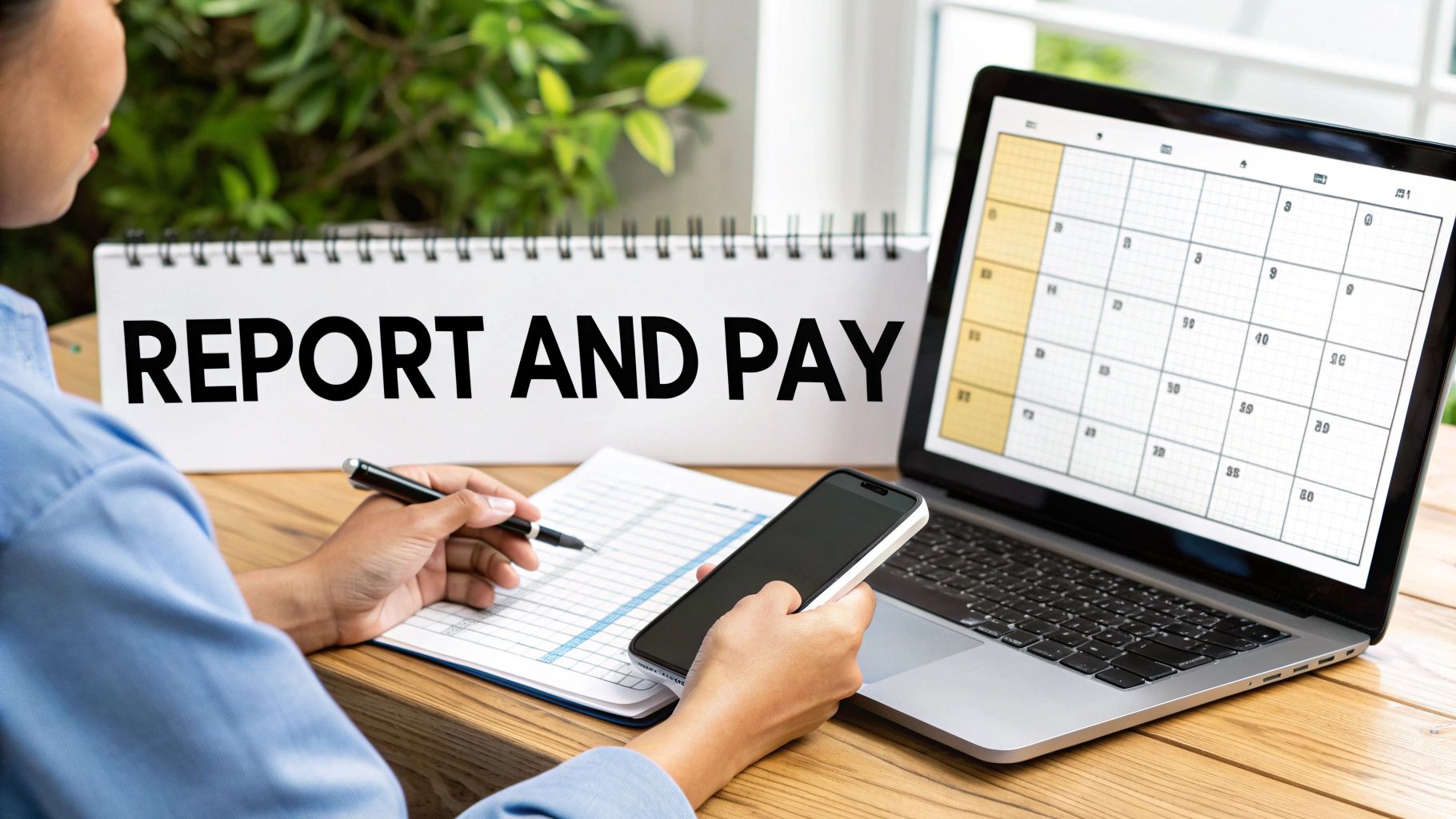 A person reviews financial documents and a laptop calendar, next to a 'REPORT AND PAY' sign.
