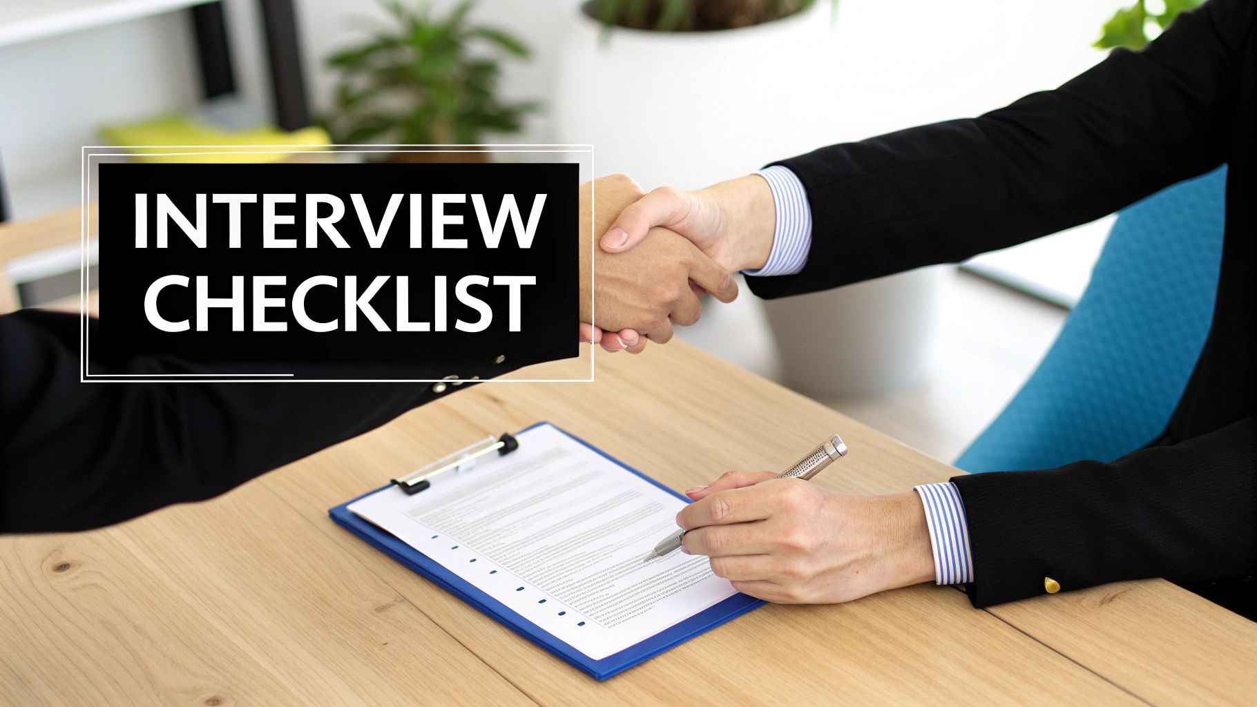 A person reviewing a checklist while sitting at a desk with a laptop and coffee.