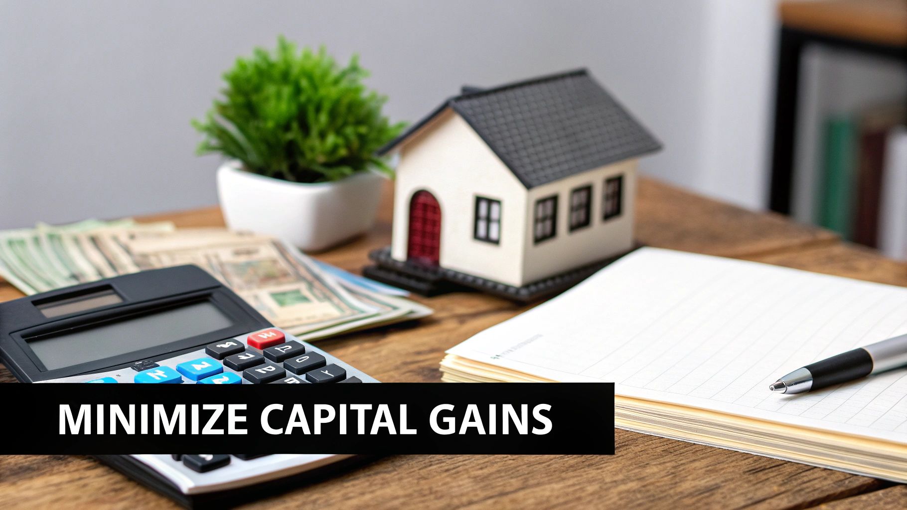 Calculator, money, and house model on a desk, representing real estate investment and capital gains.