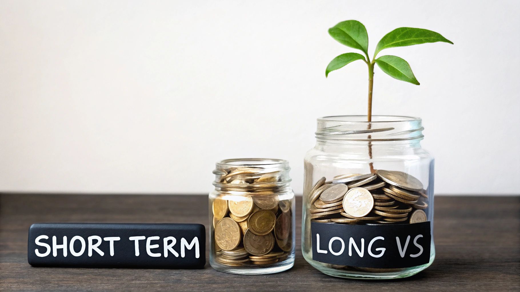 Jars of coins labeled 'SHORT TERM' and 'LONG VS' illustrate financial growth and long-term investment.