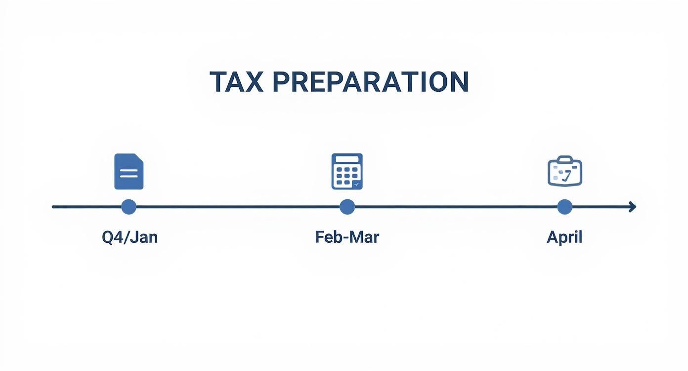 Tax preparation timeline showing three phases from Q4 January through February March to April deadline