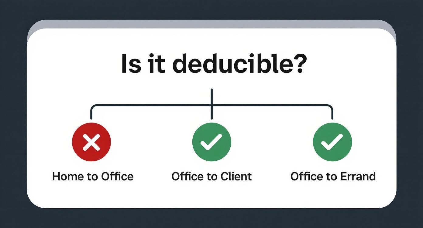 An infographic decision tree helping to determine if miles are deductible based on the starting point of the drive.