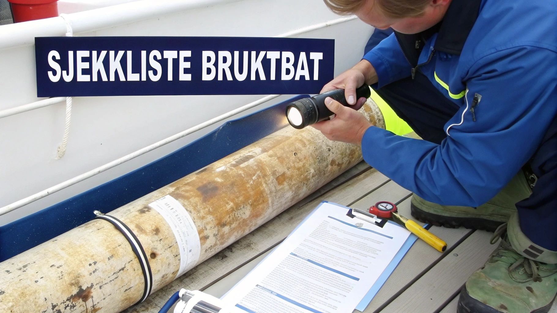 En person bruker lommelykt for å inspisere en sylindrisk gjenstand på et dekk, ved siden av en sjekkliste for bruktbåt.