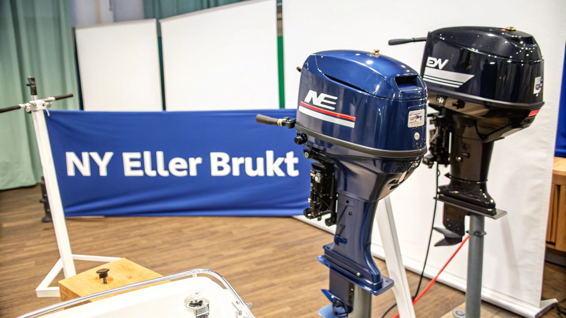 To påhengsmotorer, en blå og en svart, utstilt med et banner som spør «NY Eller Brukt».