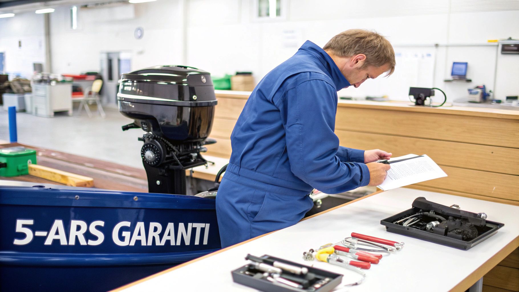 En mann i blå kjeledress inspiserer dokumenter ved siden av en båtmotor, med verktøy og en båt med '5-ÅRS GARANTI'.
