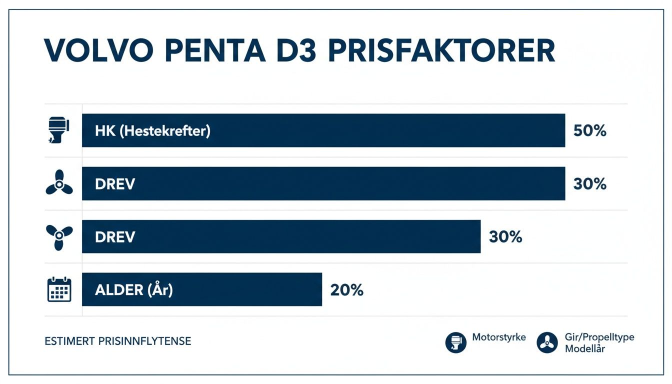 Et stolpediagram som viser prisfaktorer for Volvo Penta D3-motorer, med hestekrefter, drev og alder som hovedbidragsytere.