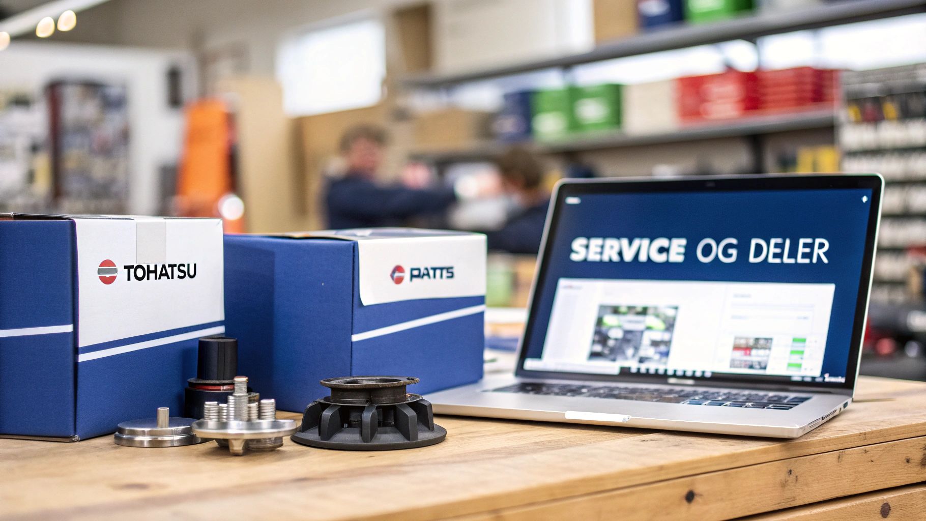 Tohatsu og Patts båtdeler, samt laptop med 'SERVICE OG DELER' i et butikkmiljø.