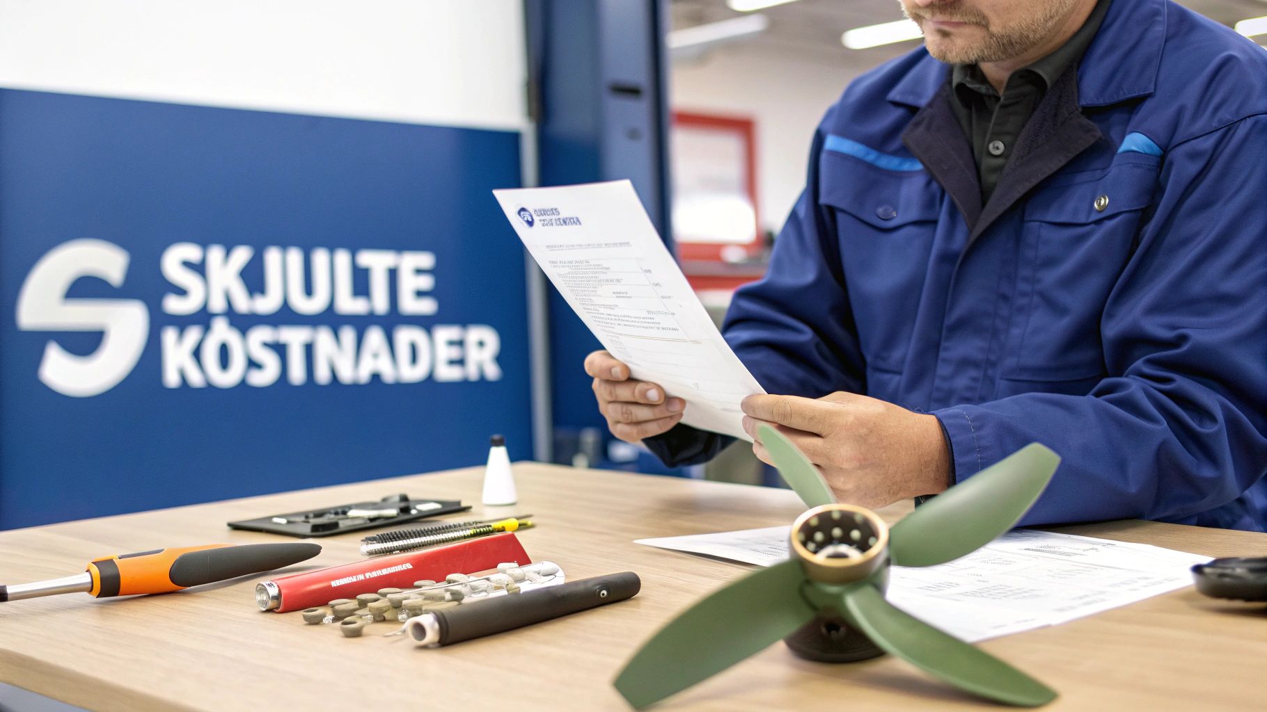 En mann i blå arbeidsjakke leser et dokument ved et bord med verktøy og en propell. Skjulte kostnader-skilt i bakgrunnen.