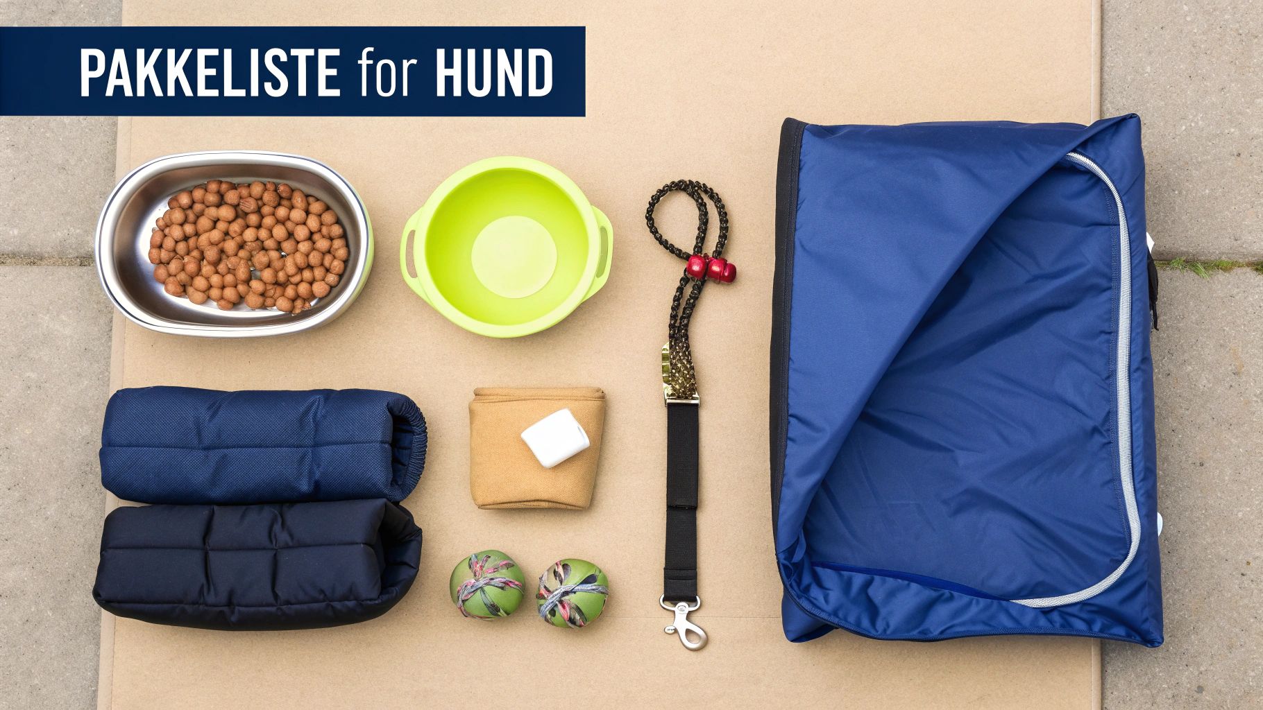 Detaljert pakkeliste for hund med mat, vannskål, klær, leker, bånd og seng, perfekt for reise.