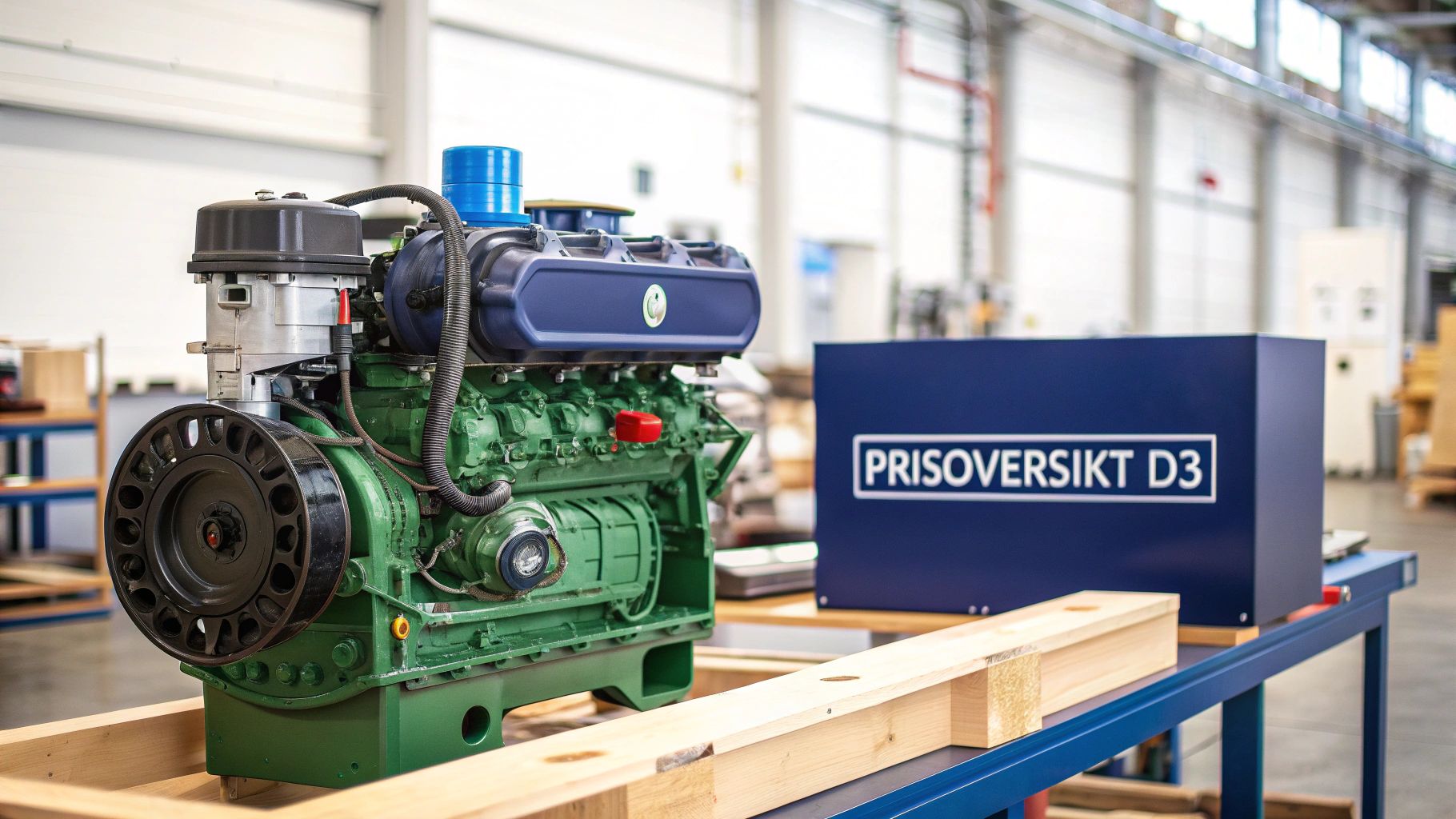En grønn dieselmotor med blå komponenter og et blått skilt som sier 'PRISOVERSIKT D3' i et lager.