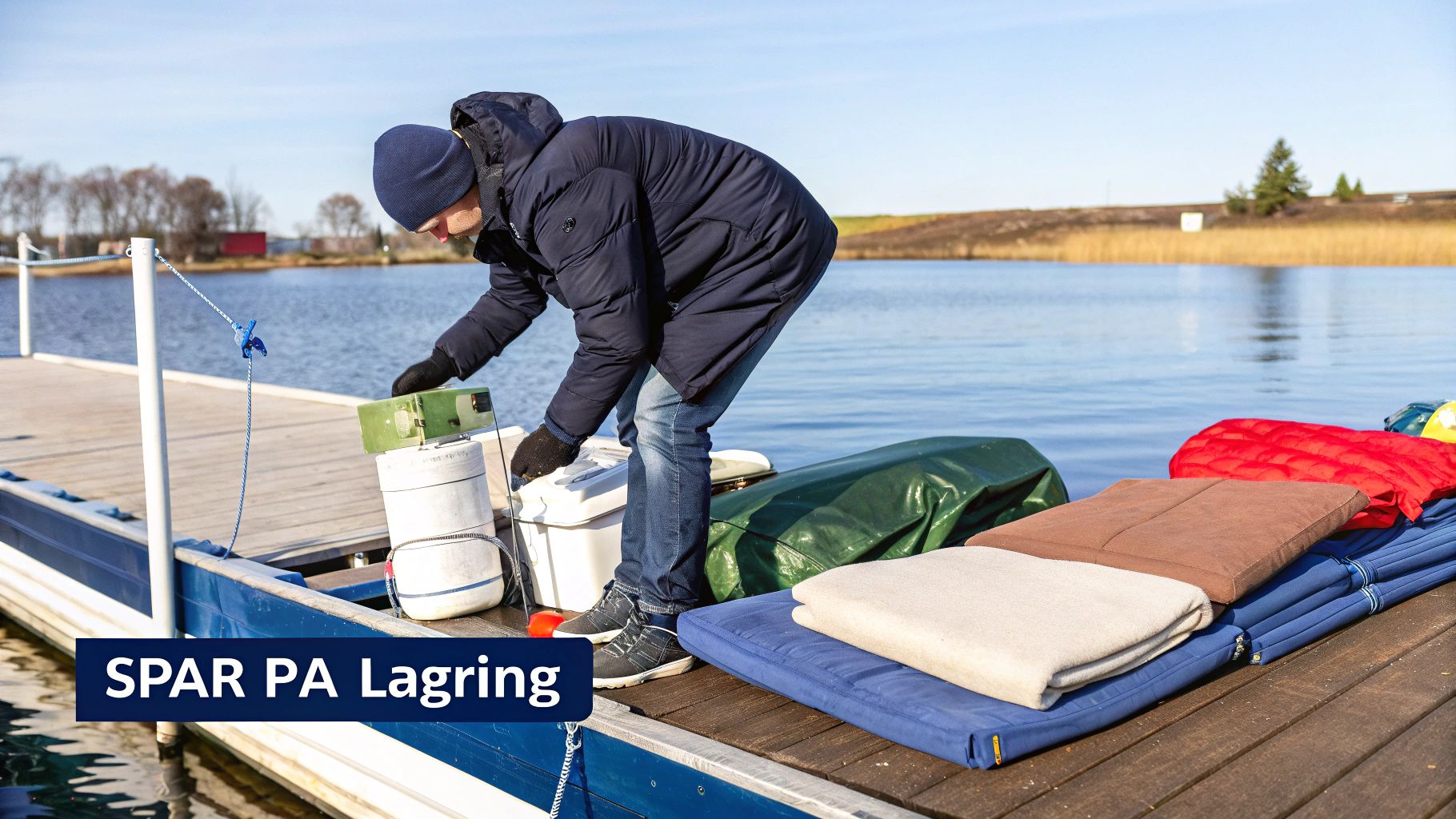 En person klargjør en båt for lagring på en brygge ved vannet. Båtputer ligger på kaien.
