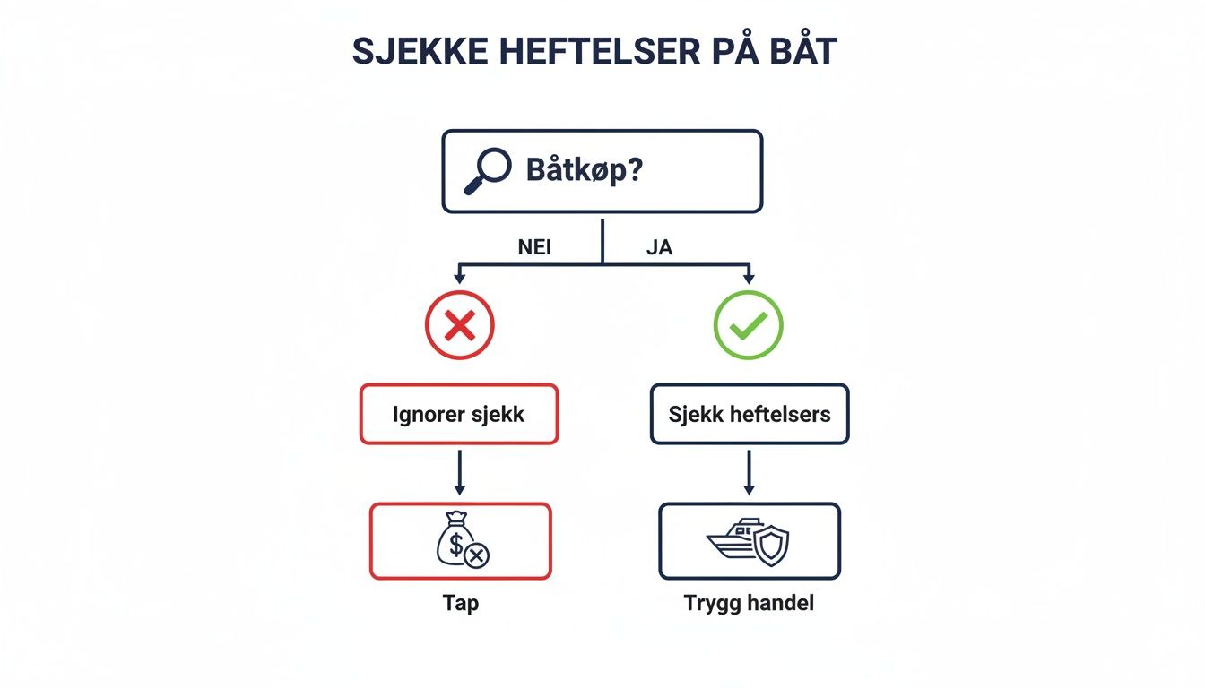 Flytdiagram som illustrerer hvordan man sjekker heftelser ved båtkjøp for en trygg handel.