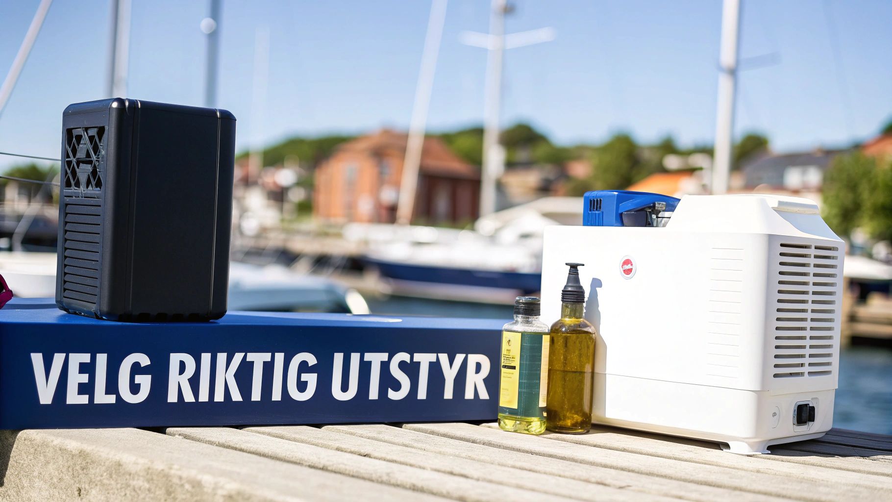 Utstyr for båtpleie og lagring på en brygge med båter og hus i bakgrunnen.