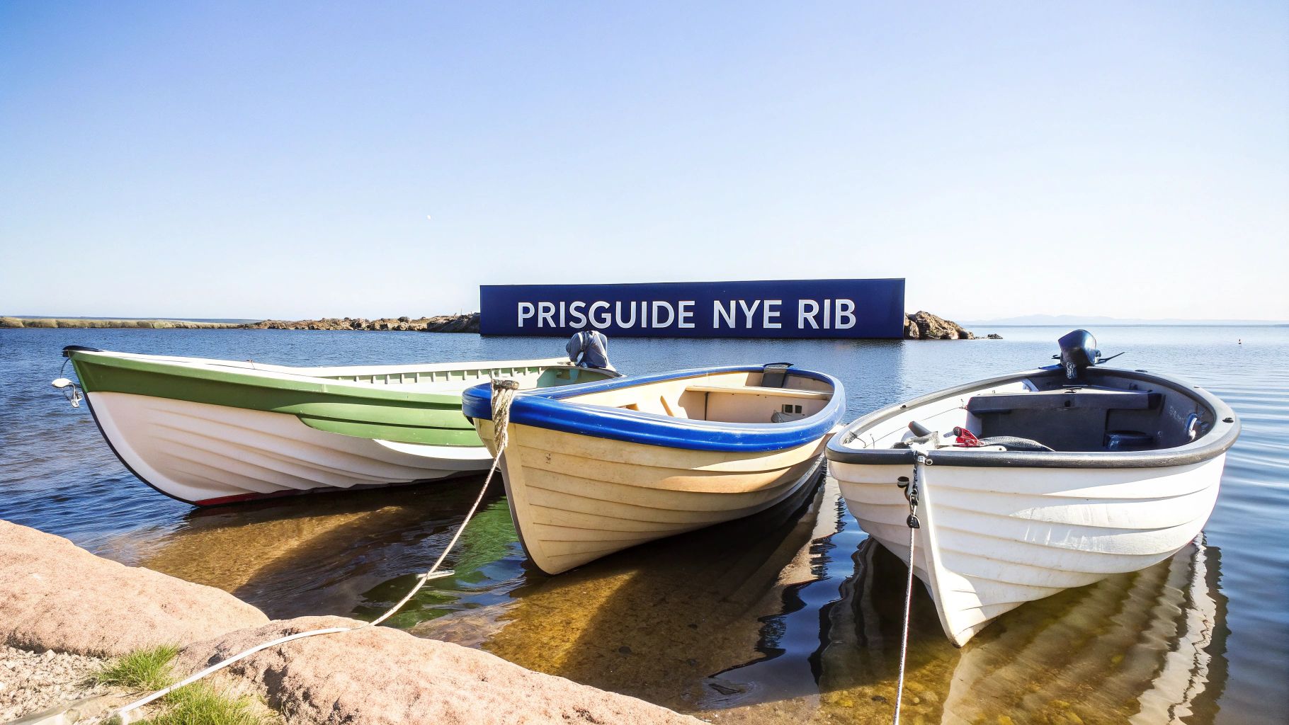 Tre små båter fortøyd ved en strandkant, med et stort blått PRISGUIDE NYE RIB-banner i bakgrunnen.