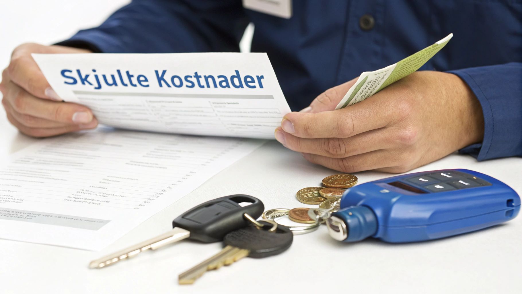 En person studerer et dokument med tittelen 'Skjulte Kostnader', mens bilnøkler, mynter og en bilfjernkontroll ligger på bordet.