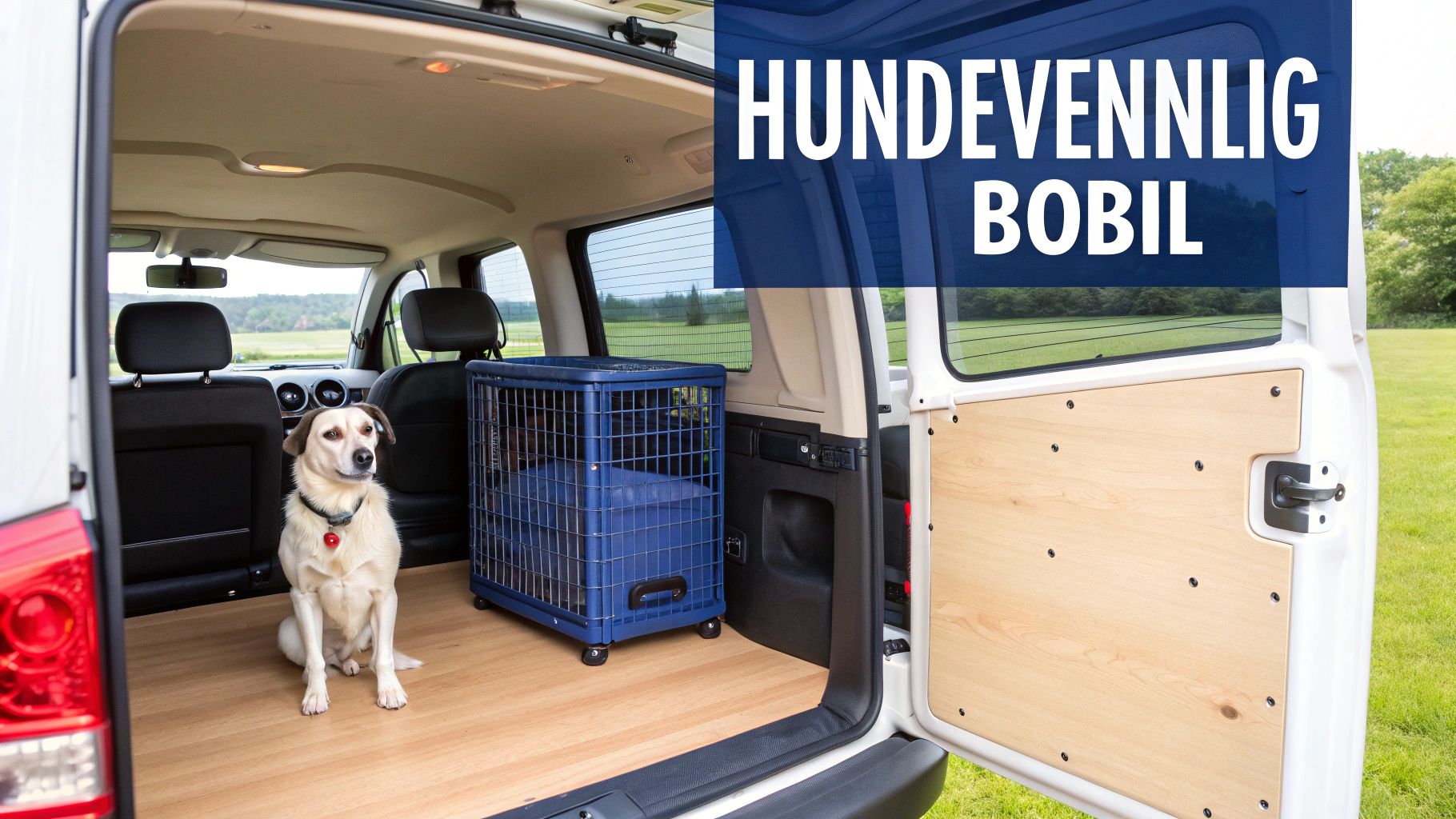 En glad hund sitter i en hundevennlig bobil med åpen bakdør, klar for eventyr.