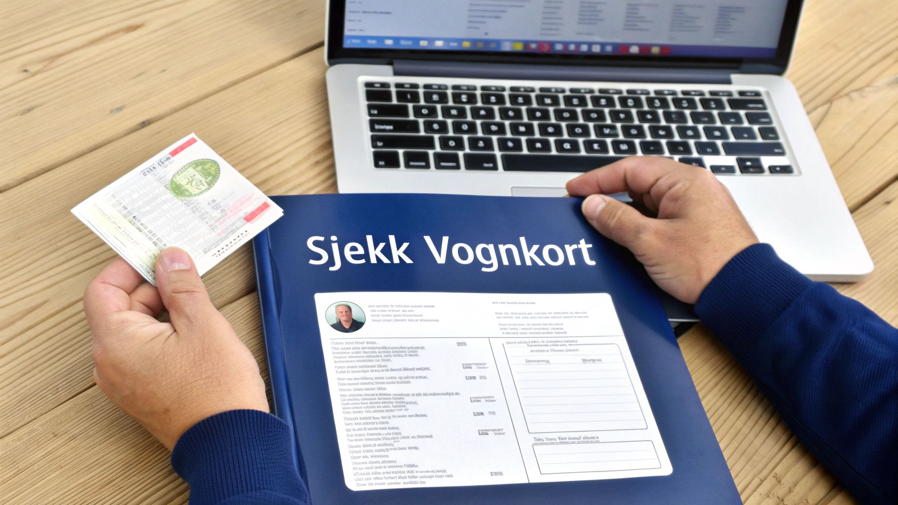 En person holder et dokument merket 'Sjekk Vognkort' og et vognkort, med en bærbar PC i bakgrunnen på et trebord.