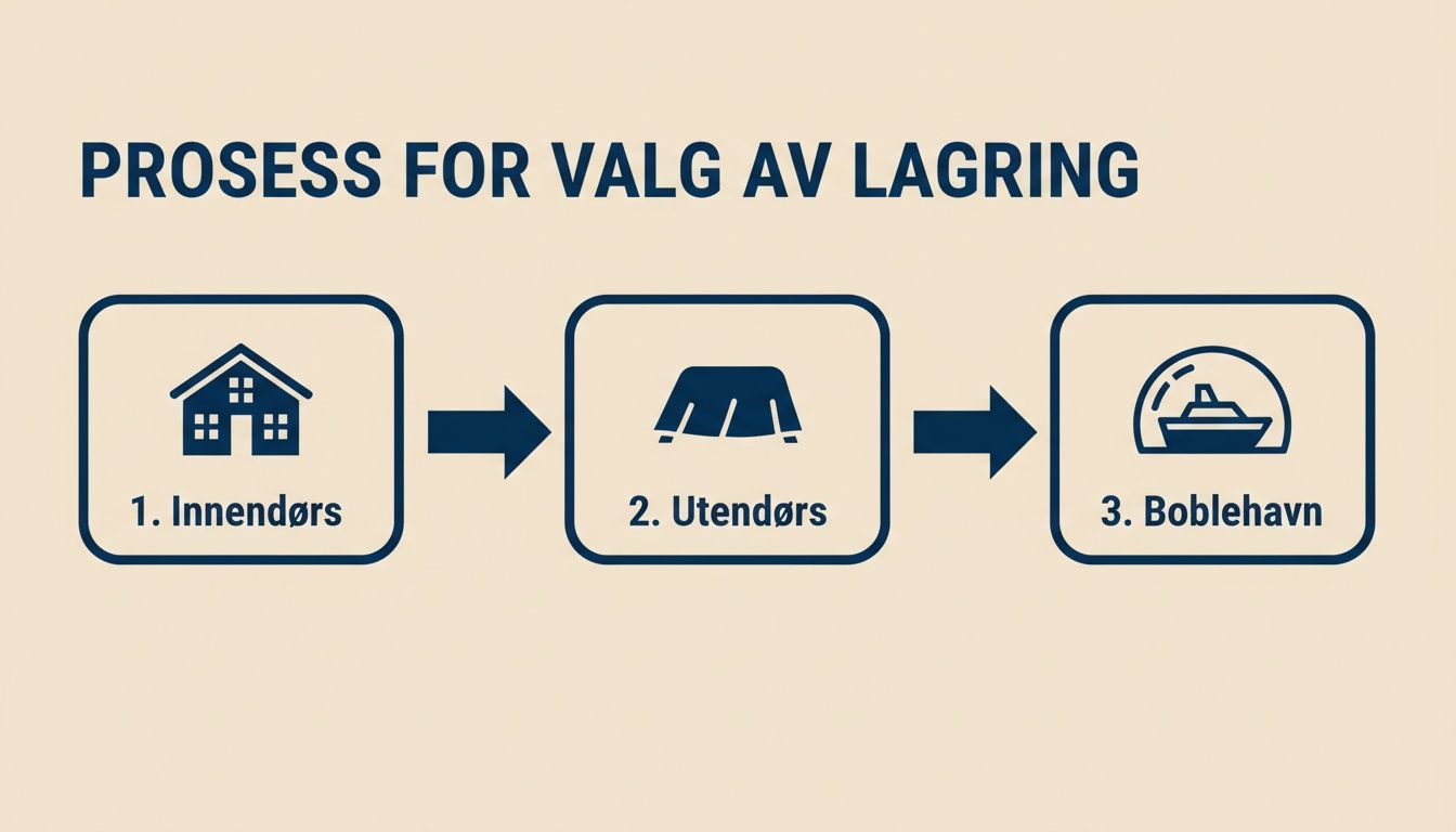 Infografikk som viser prosessen for valg av vinterlagring for båt: innendørs, utendørs eller boblehavn.