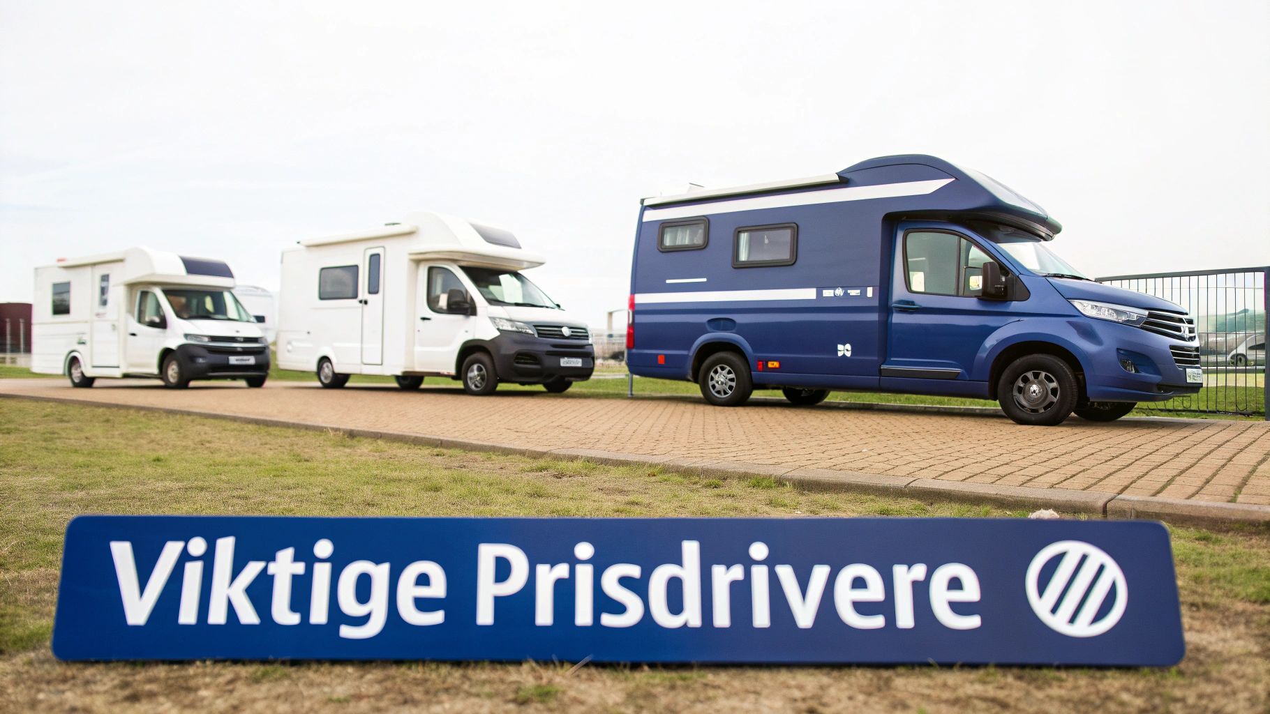 Tre bobiler – to hvite, en blå – parkert med et skilt som sier 'Viktige Prisdrivere'.