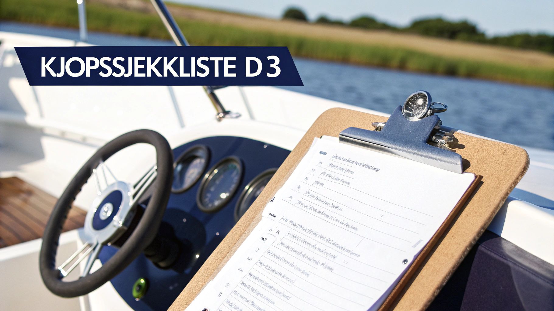 Kjøpsjekkliste D3 på en båt med ratt, instrumentpanel og vann i bakgrunnen, klar for inspeksjon.