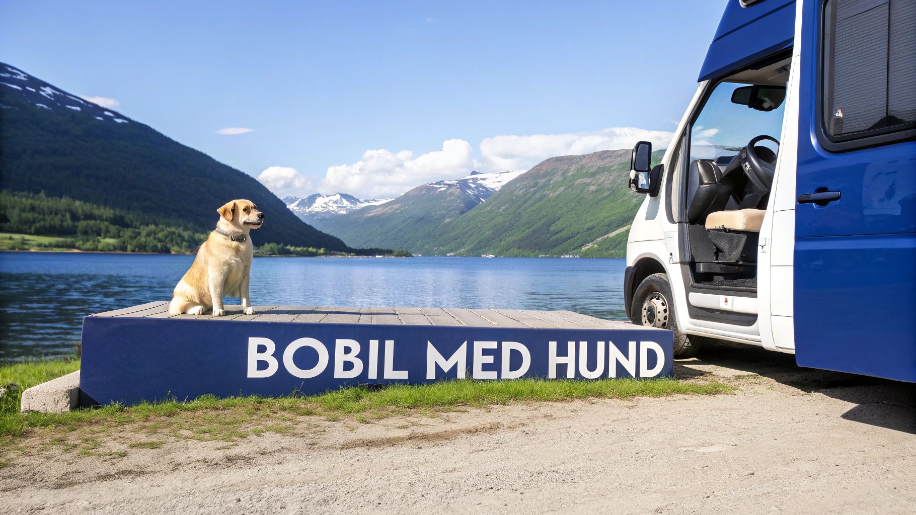 En lysbrun hund sitter på en blå plattform foran en bobil, med en innsjø og snødekte fjell i bakgrunnen under en blå himmel.