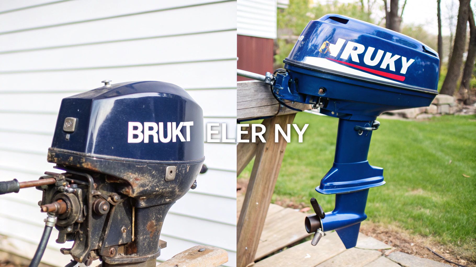 To blå påhengsmotorer presenteres side ved side, en slitt brukt modell og en skinnende ny modell, med teksten 'BRUKT ELLER NY'.